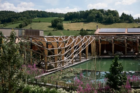 Naturbadeteich mit Holzpavillon und Blick in den Bayerischen Wald