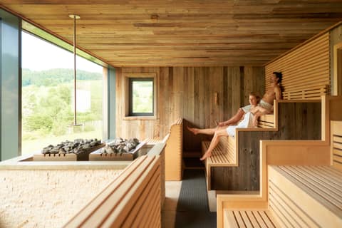 Panoramasauna aus Holz mit Fensterfront ins Grüne